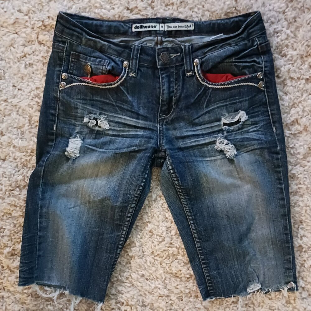 Doll House Shorts Women’s Denim Blue Rock Studded Embroidered Thrashed Y2K Prepy